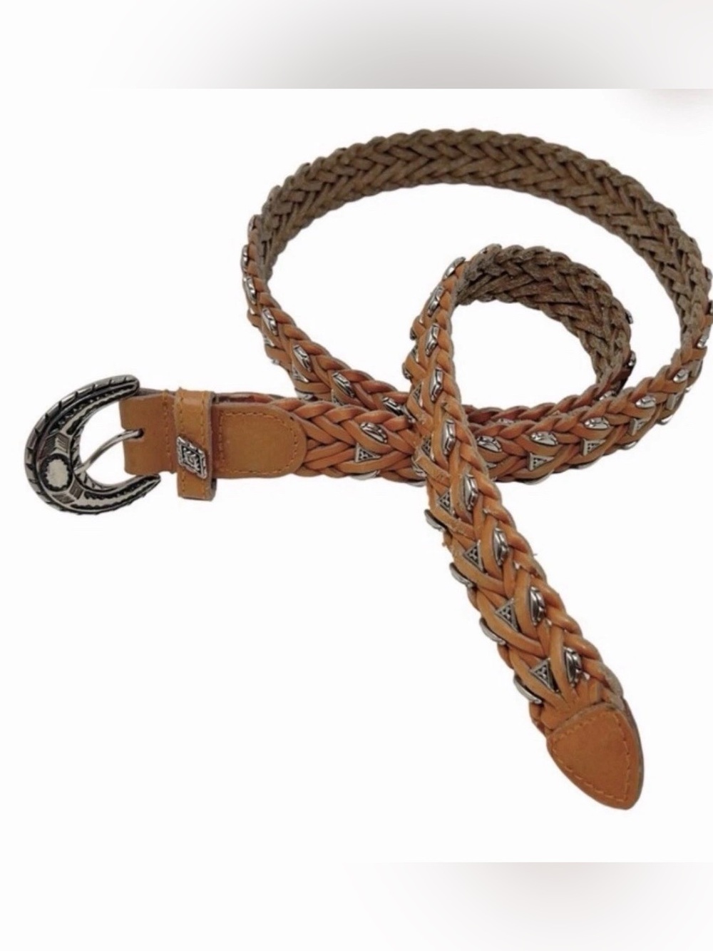 VTG Braided Western Belt Leather Silver Metal Studs Accent & Buckle Sz S Brown